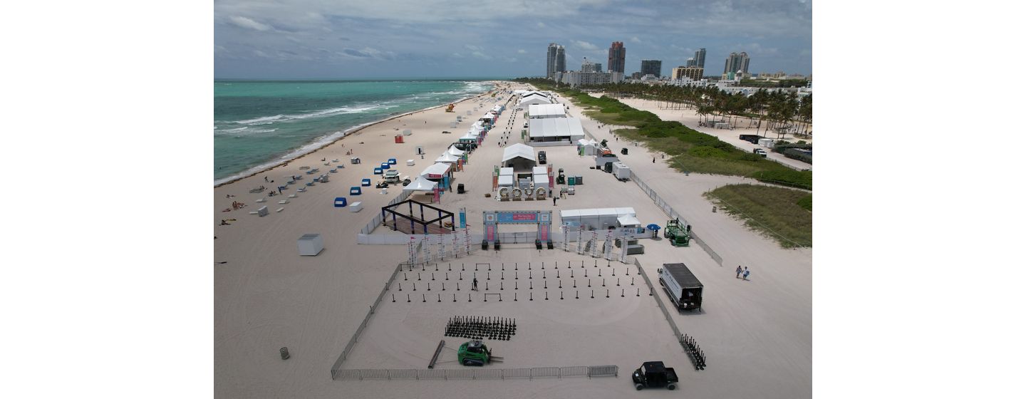 Aerial view of food and wine festival on beach