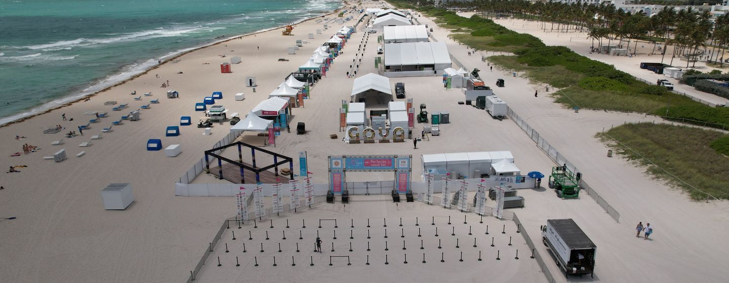 Aerial view of food and wine festival on beach
