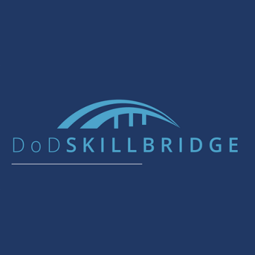 The logo of DoD SkillBridge, depicting a bridge within a swooping arc, set against a deep blue background.