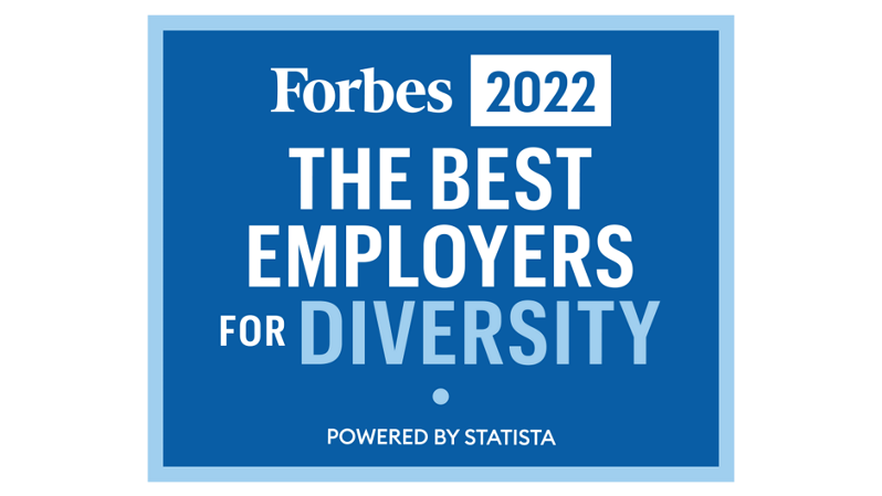 The Forbes 2022 award badge for The Best Employers for Diversity powered by Statista with a blue and white design.