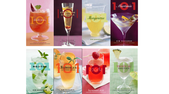 A collection of colorful book covers on cocktail recipes, featuring eight books by Kim Hassarud and Alexandra Grablewski in the 101 series.