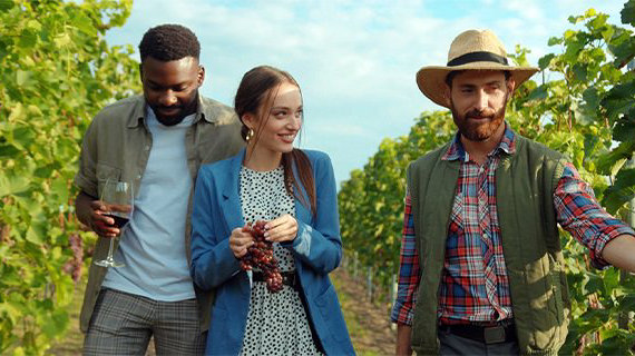 Group of people in a vineyard with one holding a glass of wine and a woman holding a cluster of grapes