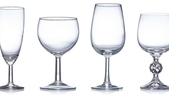 Close up of four diffferent types of wine glasses