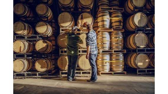 Caucasian men examining barrel in distillery