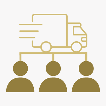 A minimalistic icon of a delivery truck above three stylized human figures,.