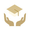 A minimalist icon with two hands gently holding a mortarboard.
